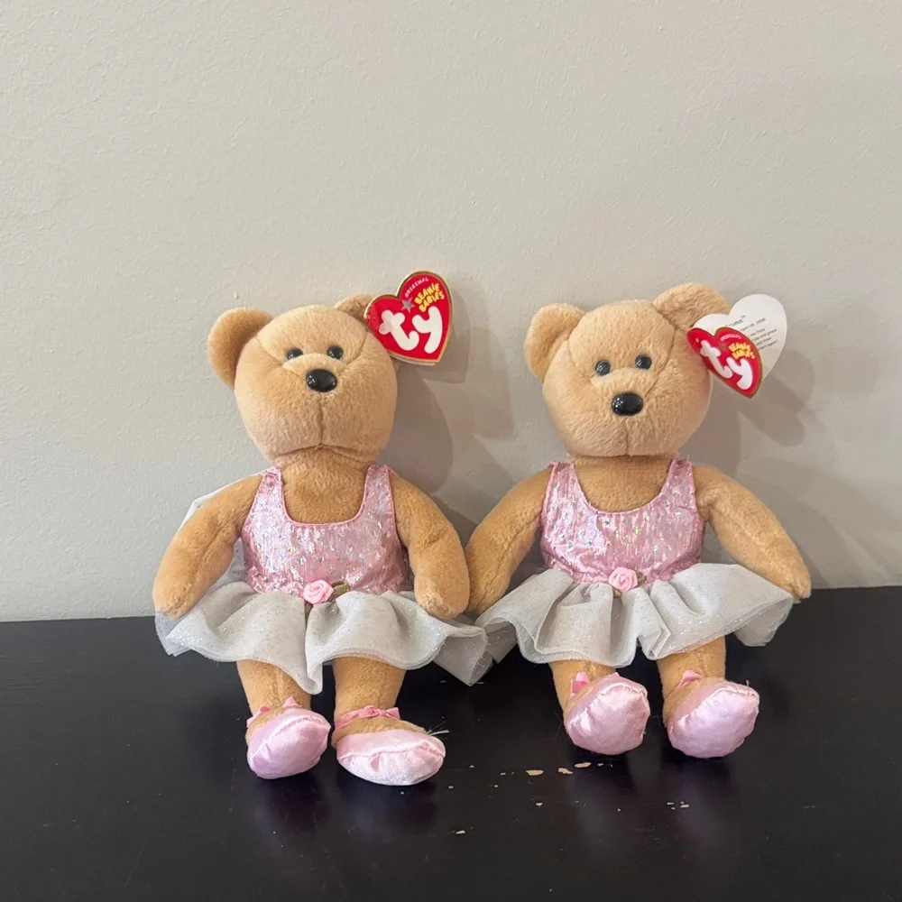 Pair of Ty Beanie Babies Pink Ballerina Bear “Prima” Plush Toy - Pink and Cream